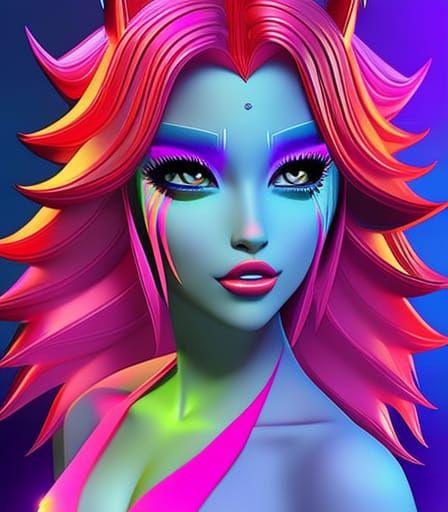Neon Fox Monster Girl Superheroine in Holographic Style