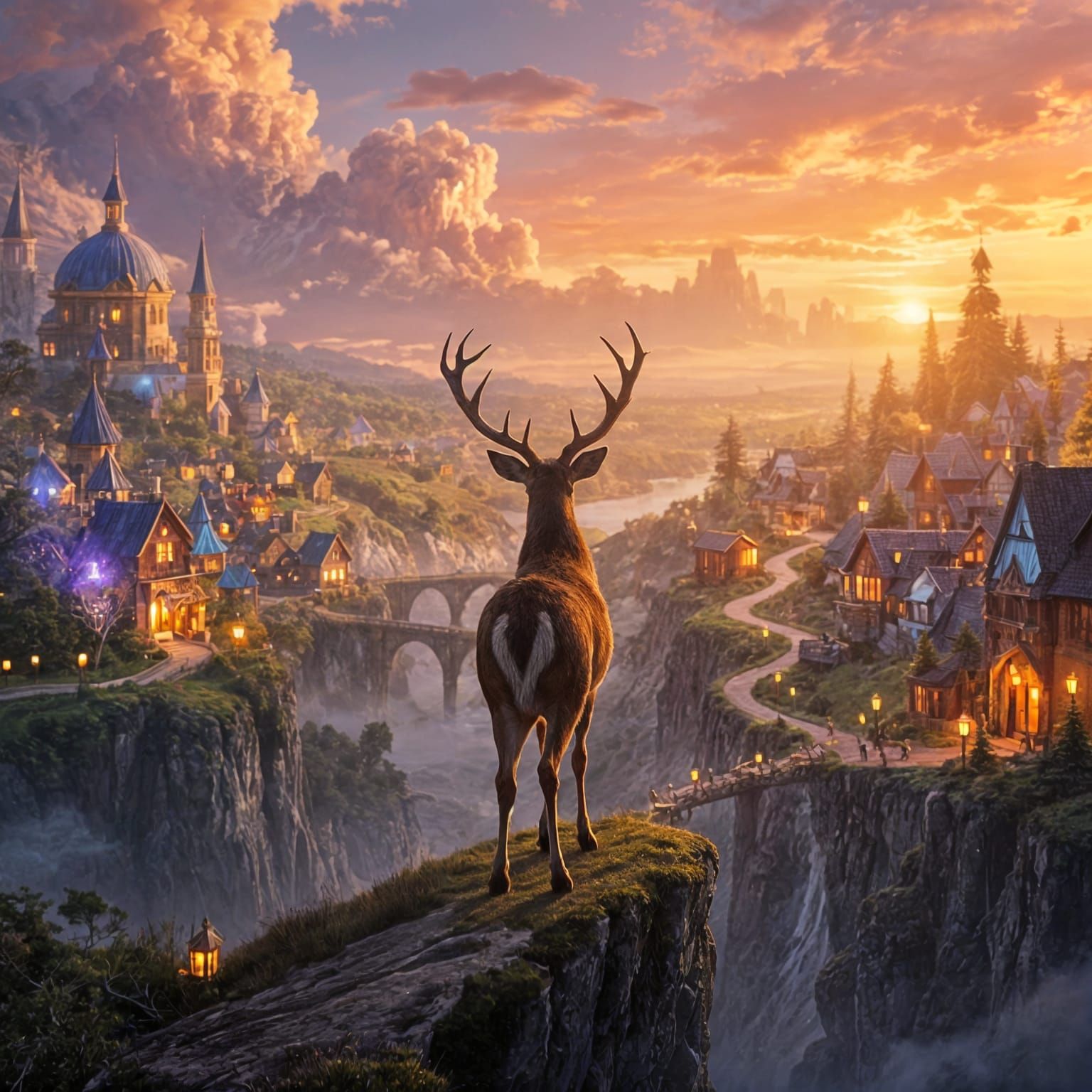 Majestic Deer Silhouetted Against Fantasy City Vista
