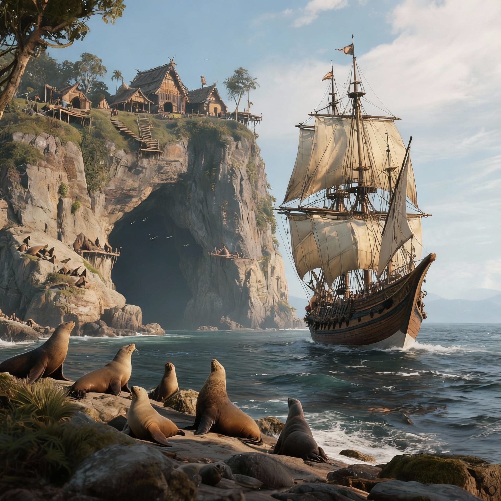 The cave at Apostle Islands as seen from a majestic tall ship at sea. A primitive native village on the cliffside above. A colony of sea lio...