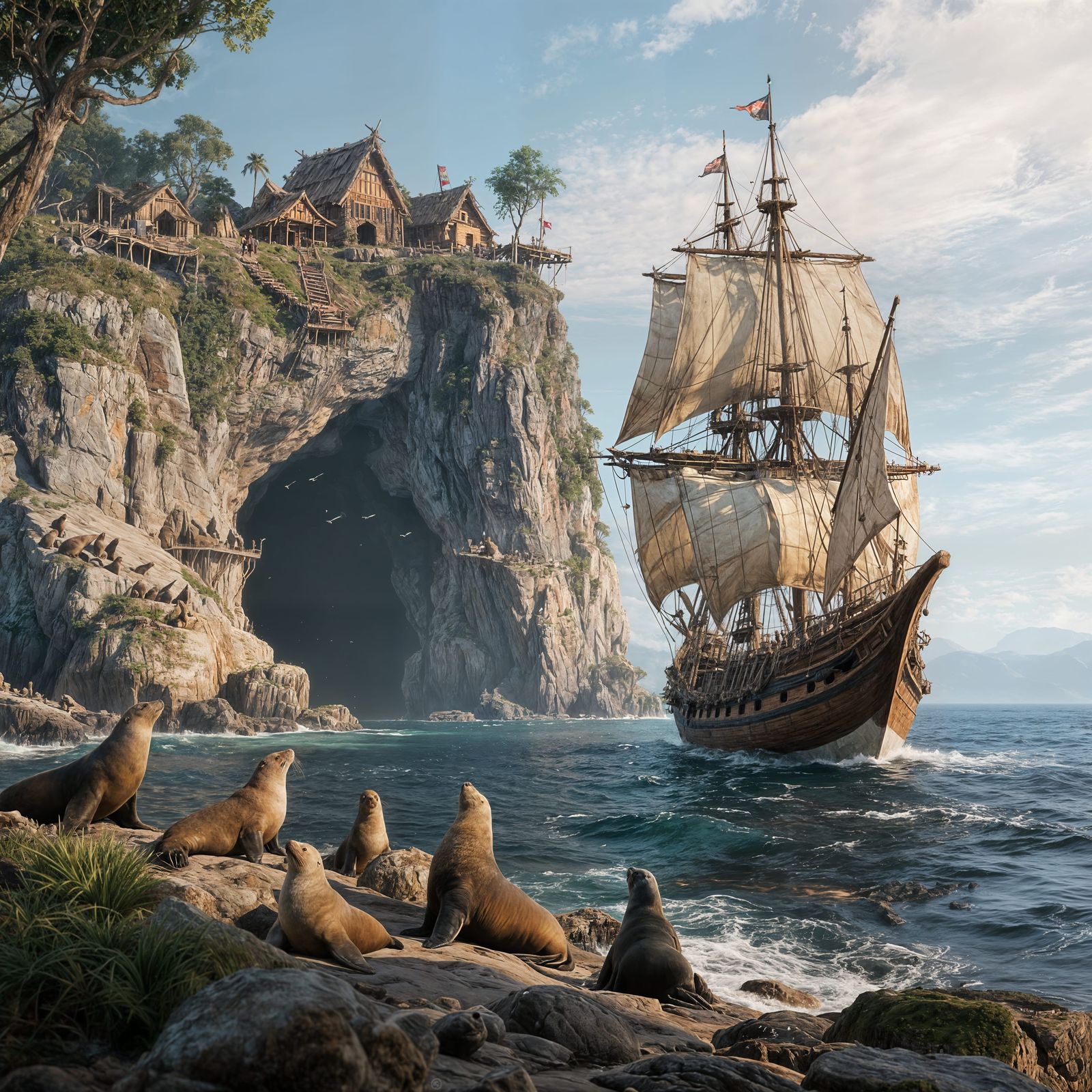 The cave at Apostle Islands as seen from a majestic tall ship at sea. A primitive native village on the ...  by @Morphesius 