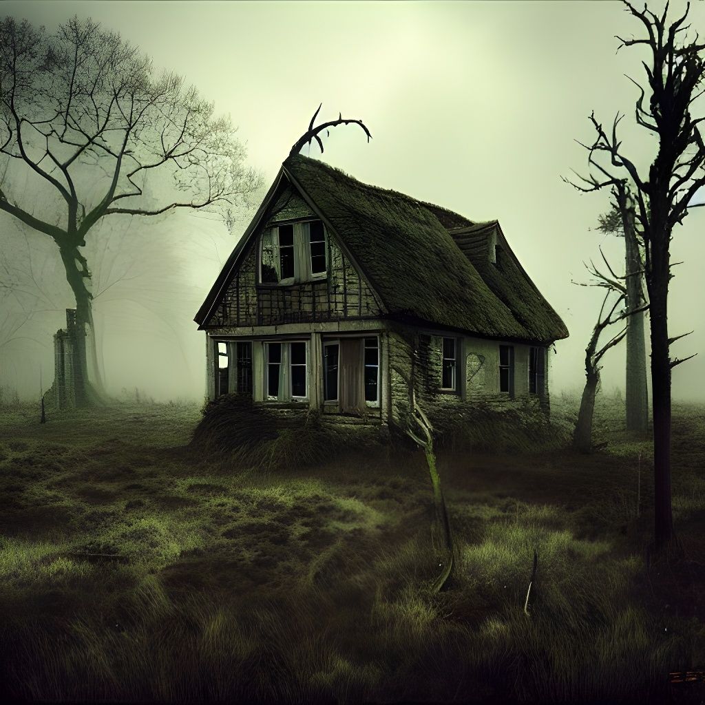 cosy cottage witch house standing amidst bog, with twisted dead trees around, fog clouds drifting around ...  by @Azbats
