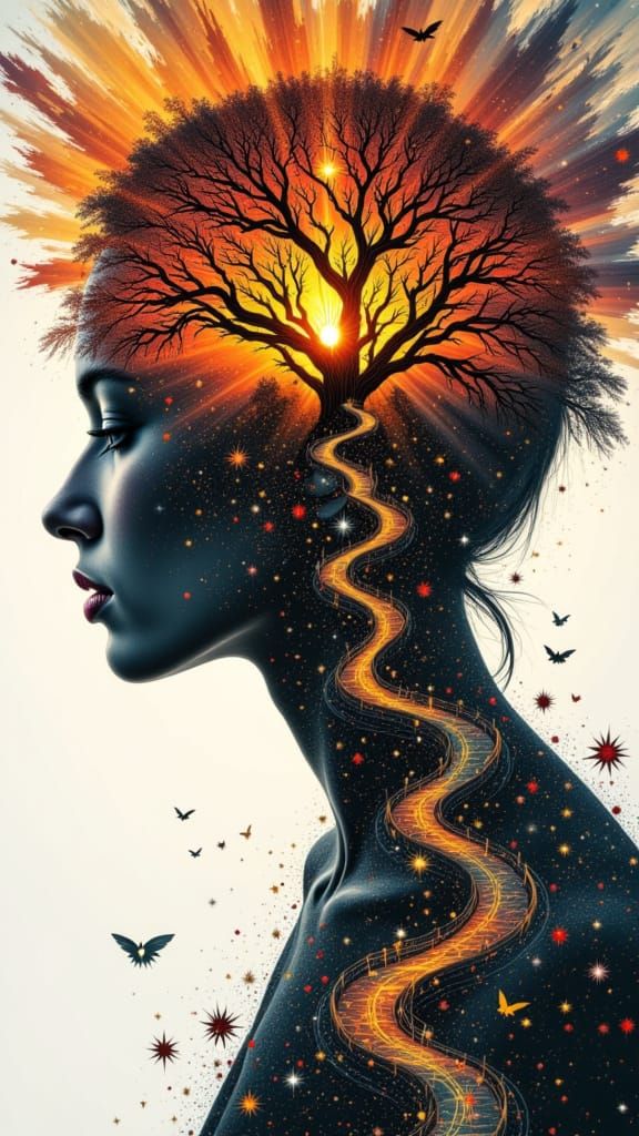 <lora:Dublex-Flux:1.0> Portrait face By Russ mills double exposure Photorealistic Hyperrealism infused with Fantasy Landscape meticulously h...