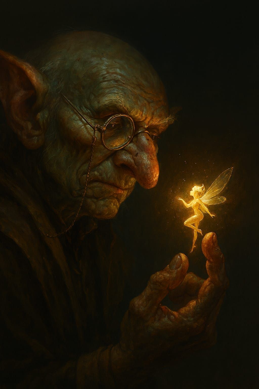 Goblin scholar scrutinizing pixie