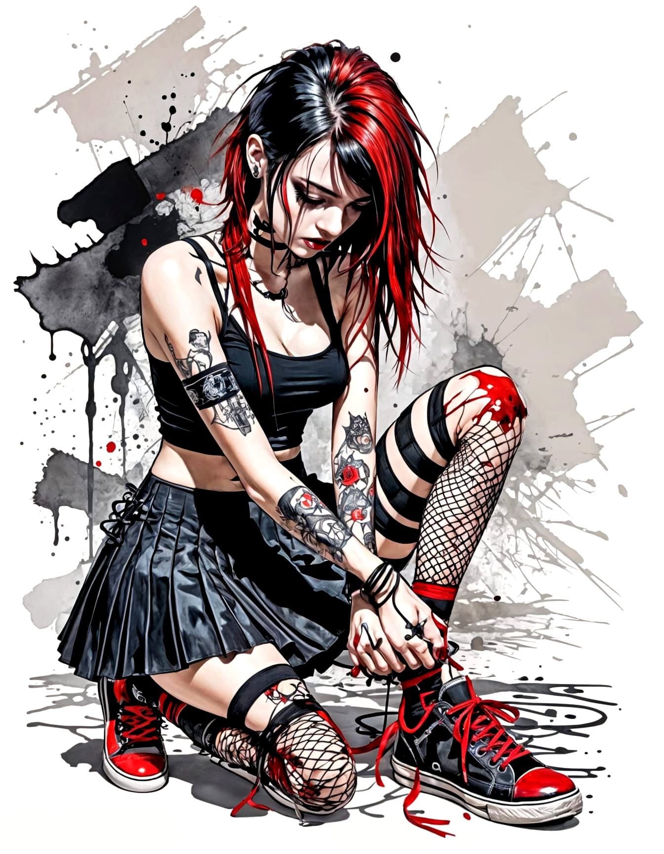 Beautiful confident gothic punk young woman with black and red hair kneeling on her right knee and tying ...  by @Golem