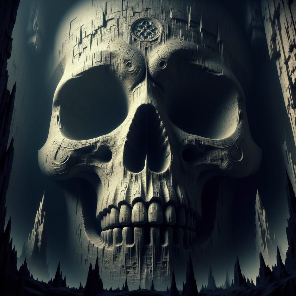 <lora:Monolithic Skulls:1.0> Spanning the width is a logo with the text: "Monolithic Skulls" done in UHDR textures with dynamic volumetric l...