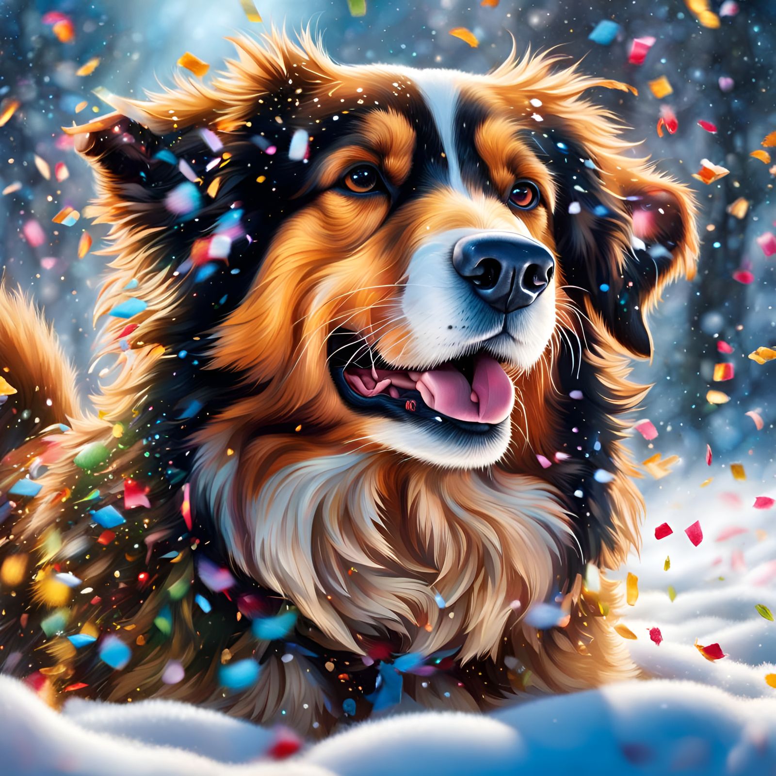 Happy Dog in Snow with Confetti