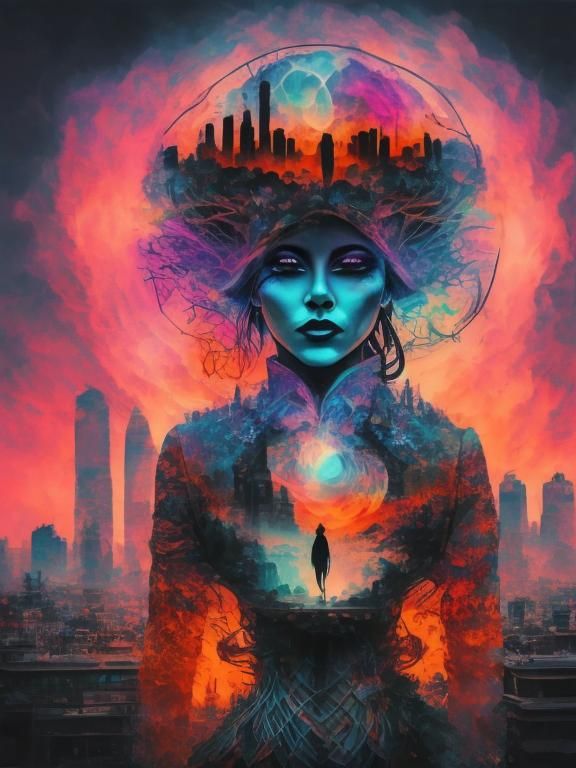 <lora:SURREALCORE-gullyDJ:1.0> double exposure city+face optical illusion witch doctor savannah sunset fractals organelles 