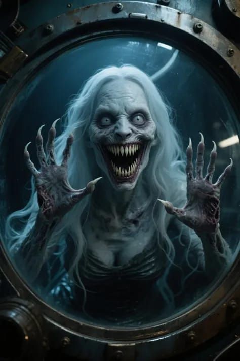 Evil vicious siren mermaid staring right at you underwater t...