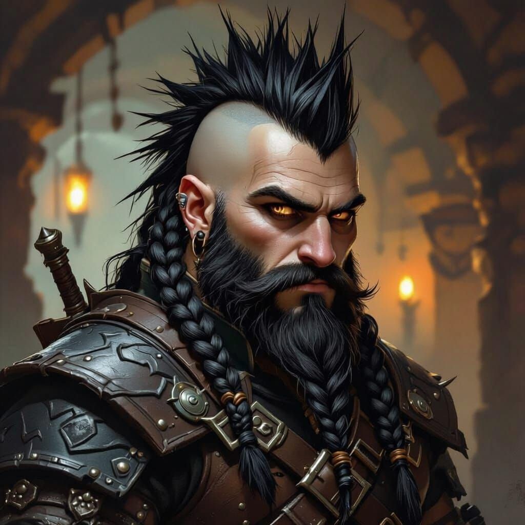 Dwarf rogue, male, black wyvern tattoo behind his right ear, black hair in a spiked Mohawk, black mutton chop sideburns, banded leather armo...
