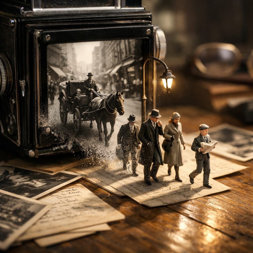 A horse-drawn carriage drives out of a photograph onto the tabletop, transitioning from photographic grain into solid mi...