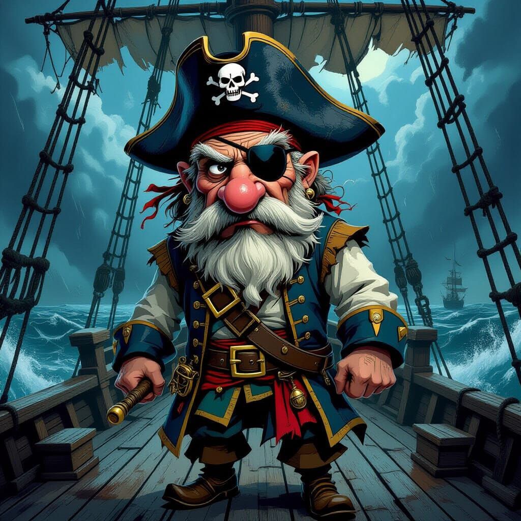 A grizzled, weather-beaten pirate captain is depicted in a dramatic, exaggerated caricature, his nose ...  by @Lintumilka Manonka