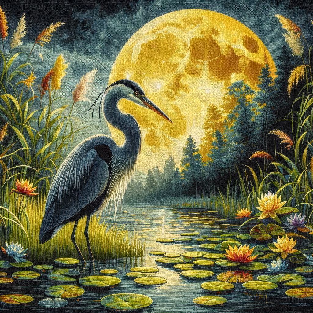 Heron under a Yellow Moon