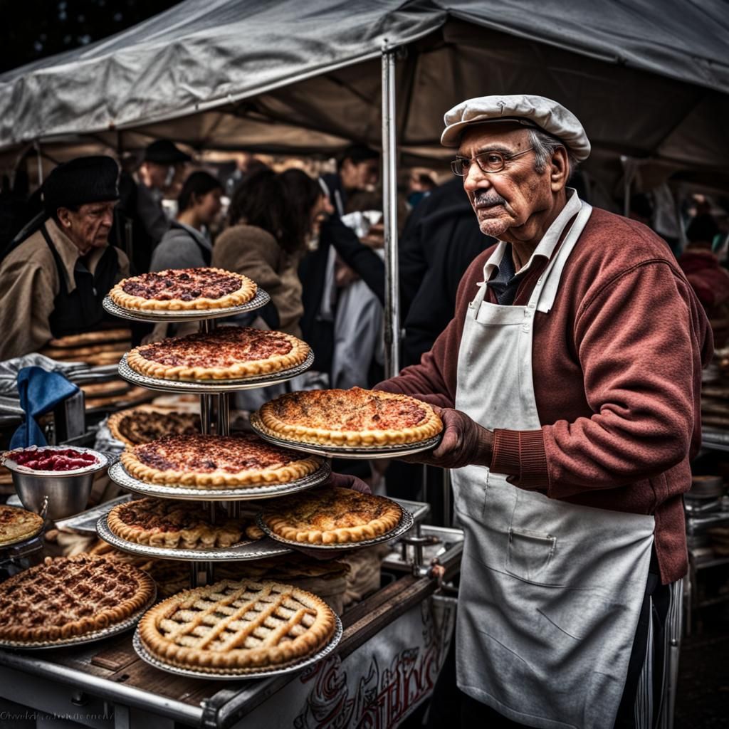 A pie seller at a festival. - AI Generated Artwork - NightCafe Creator