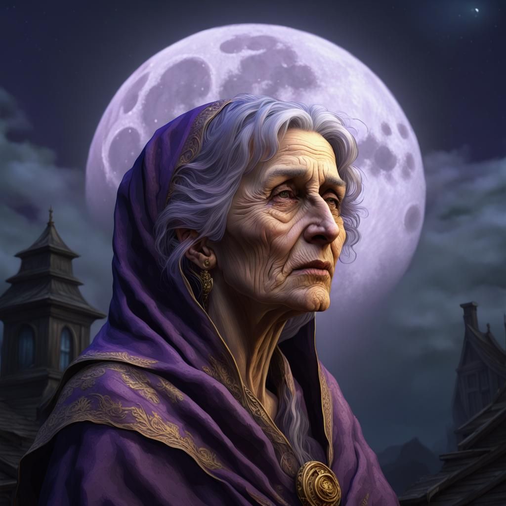 portrait of a weathered older woman with a haunting moon in the