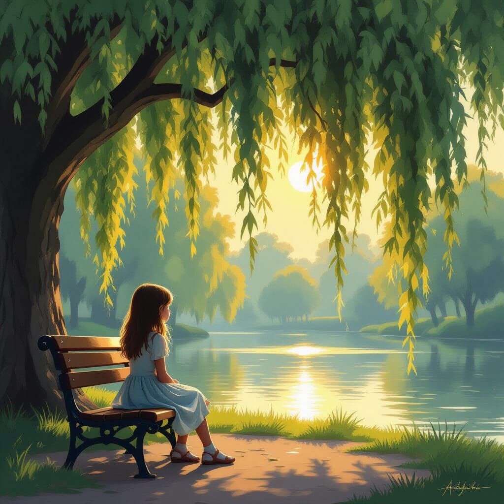 Girl on Park Bench Under Willow Tree