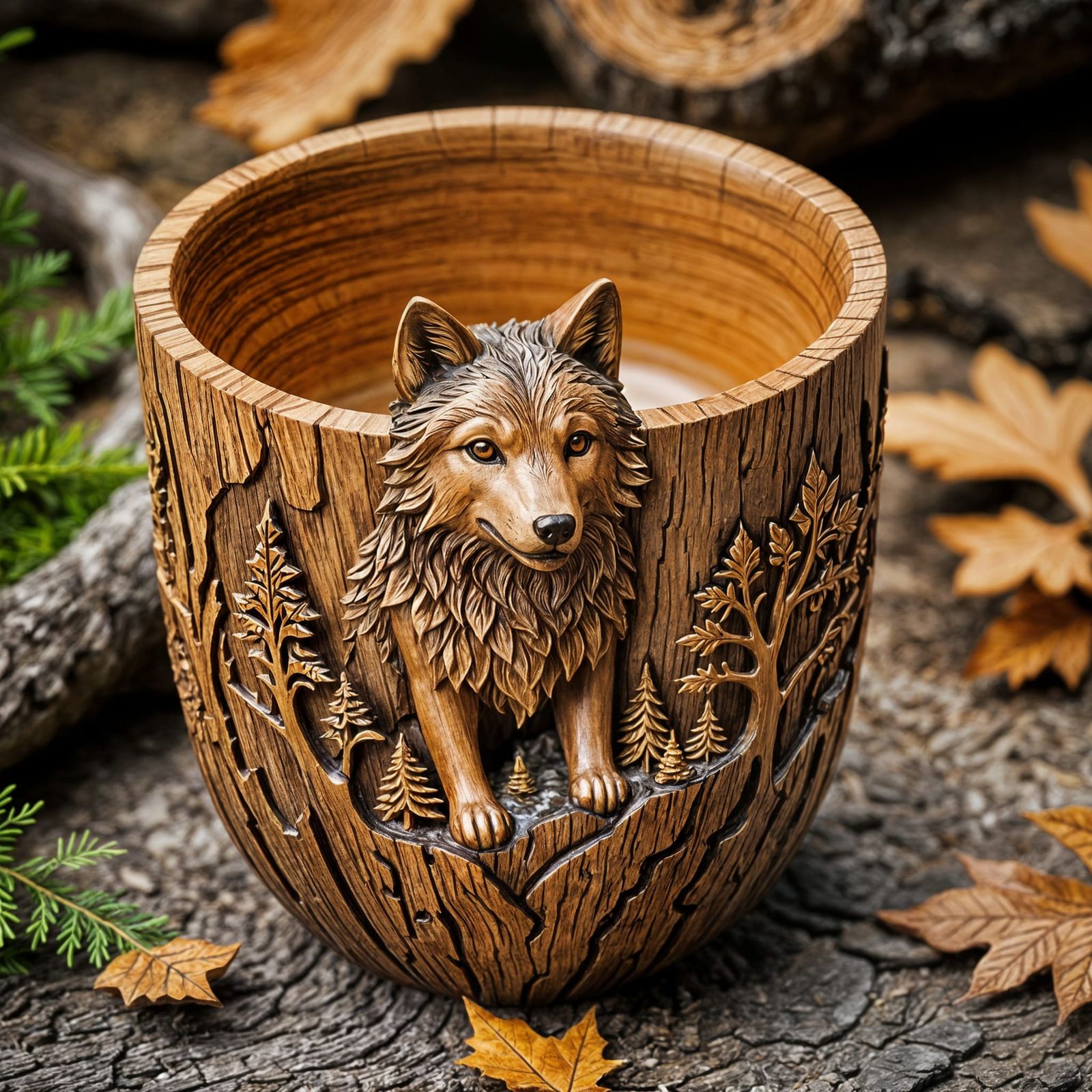 Photo of artistic wood cup with 3D carvings, little wolf theme with forest background, decorated with ...  by @Quebra