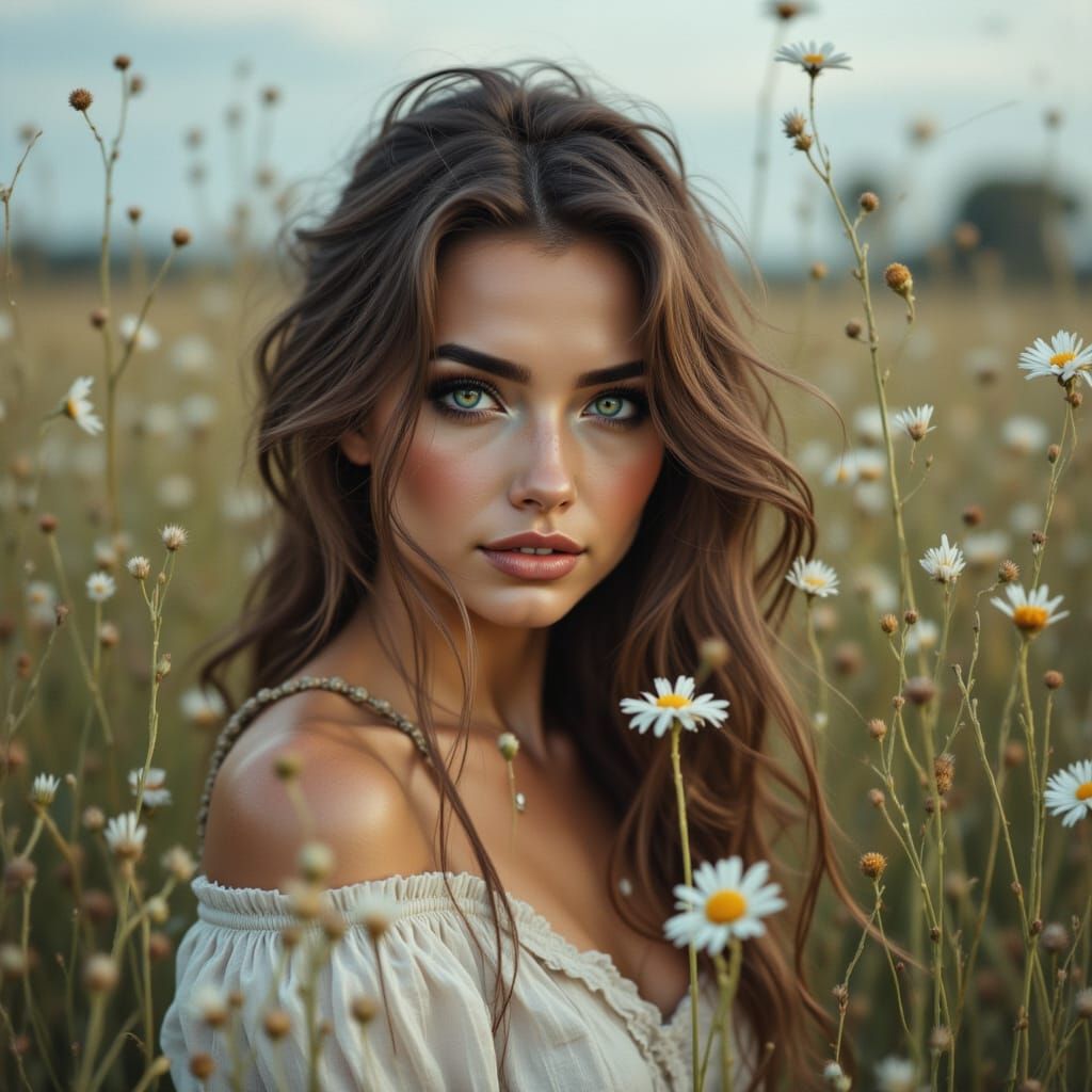 Woman in Flower Field, Retro Analog Photo
