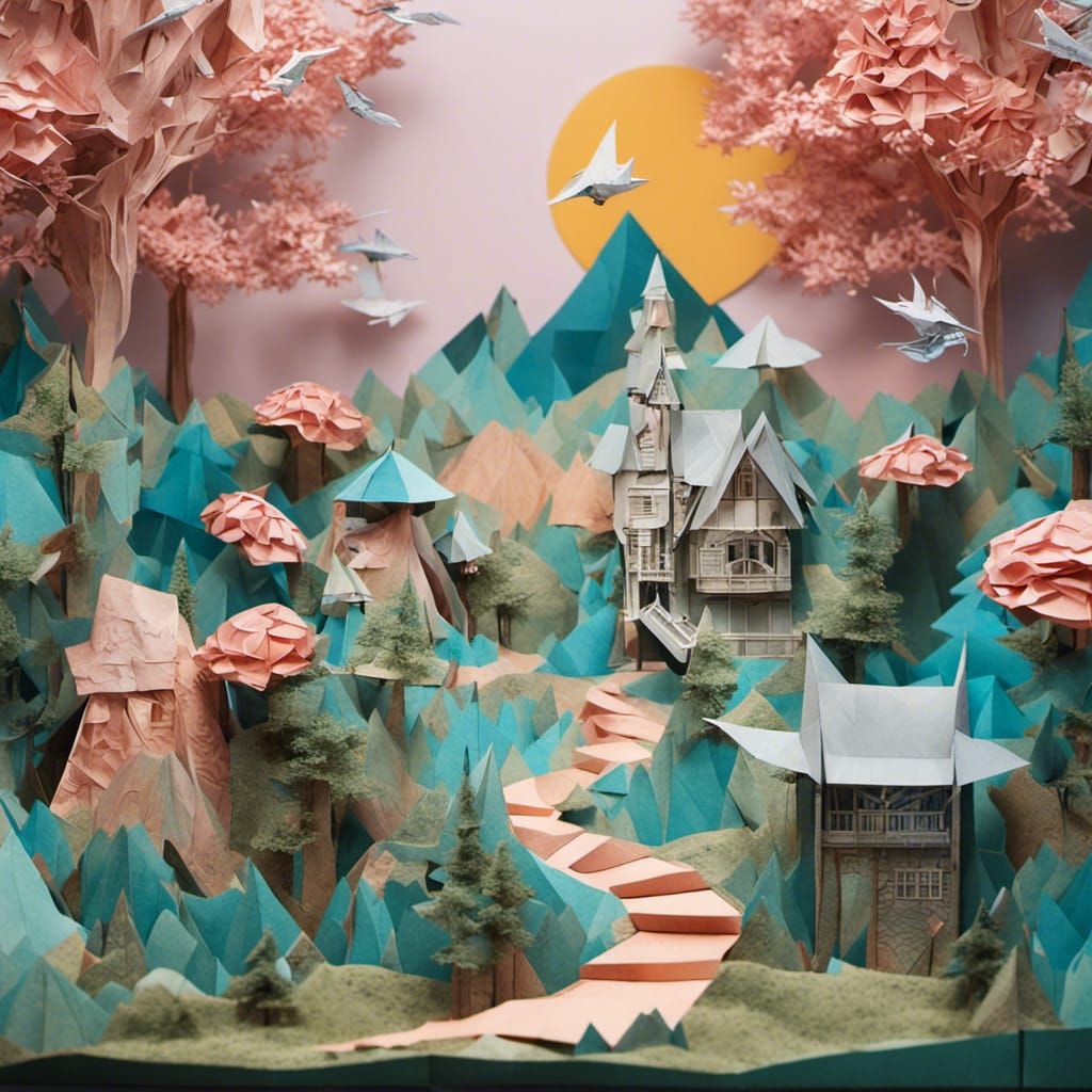a whimsical and enchanting artwork that envisions a world entirely crafted from delicate origami, with ...  by @Budzeez