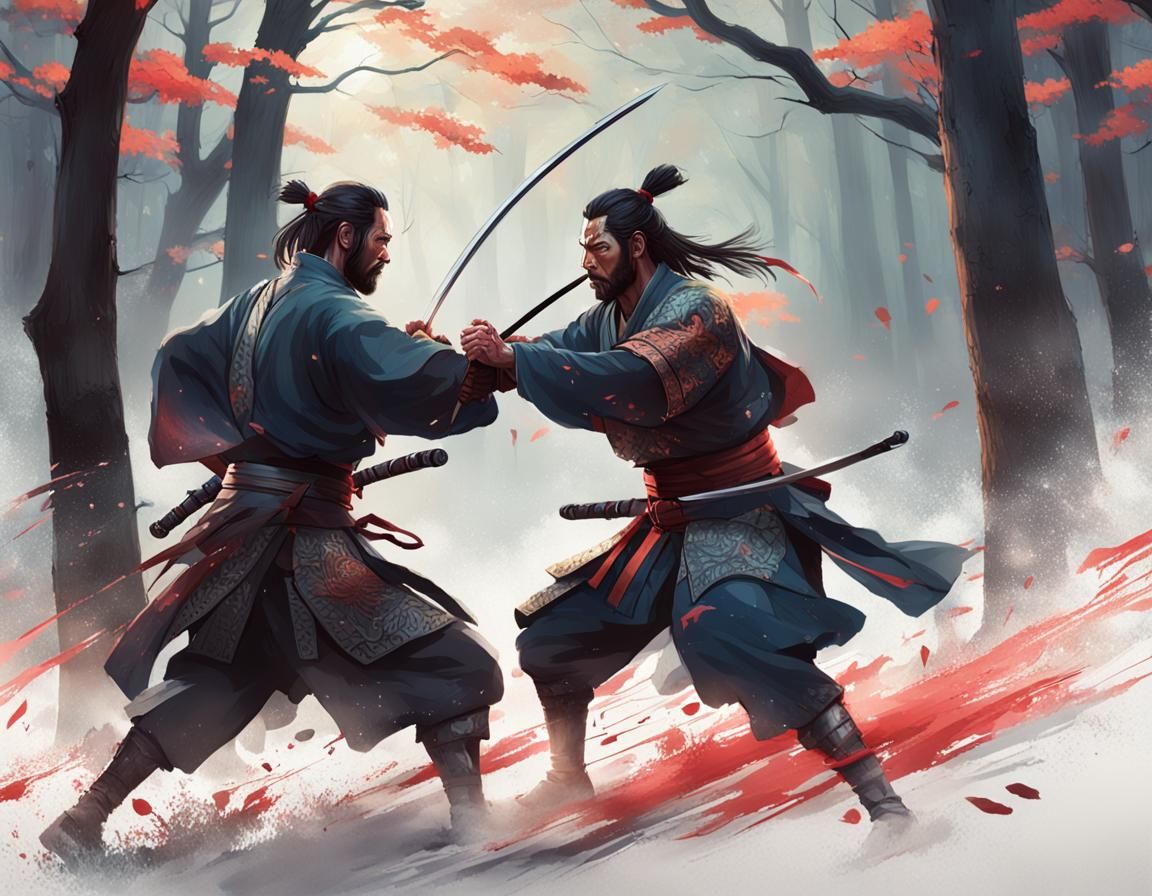 Two Samurai fight in woods at dusk