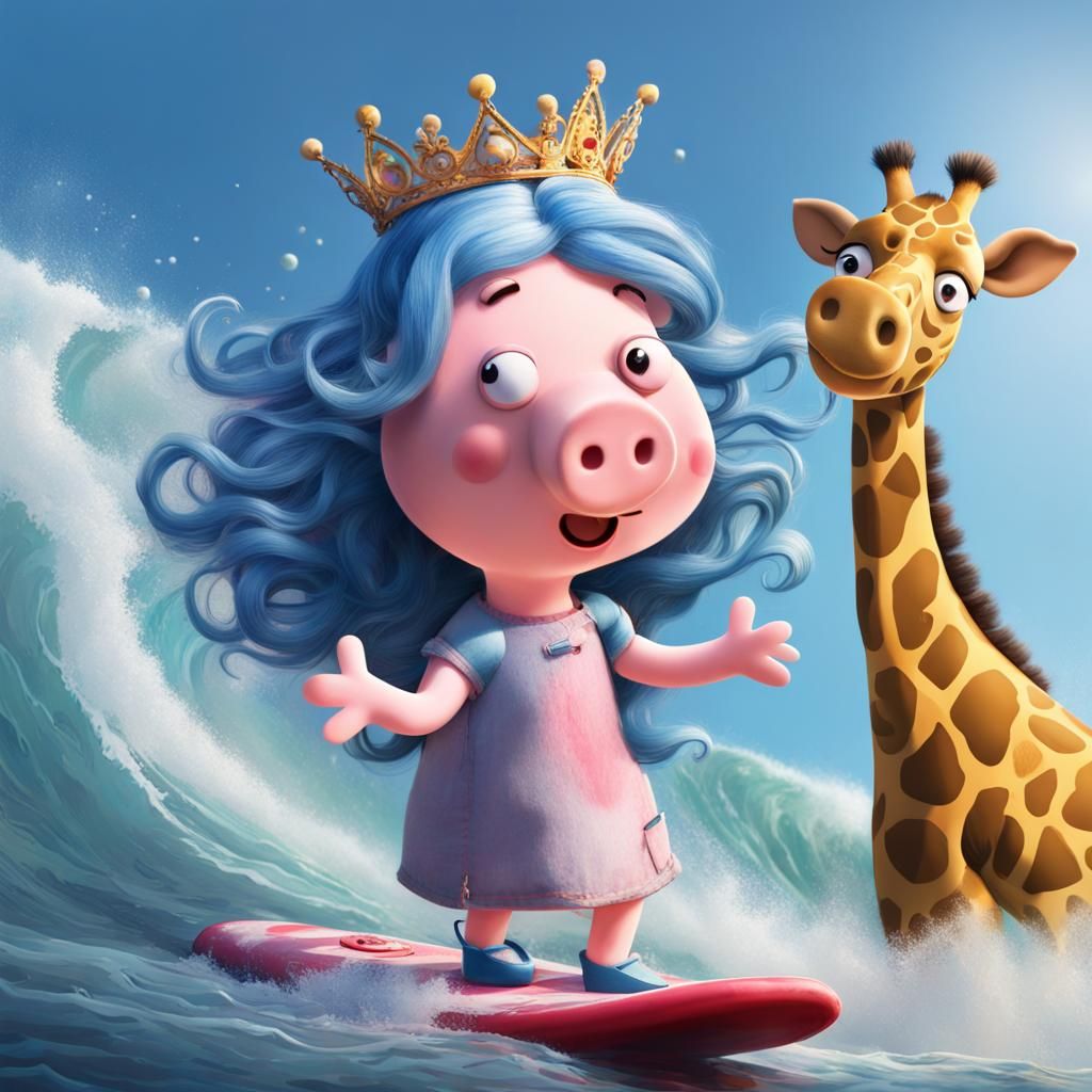 Peppa pig as a princess with huge eyelashes and blue hair, s...