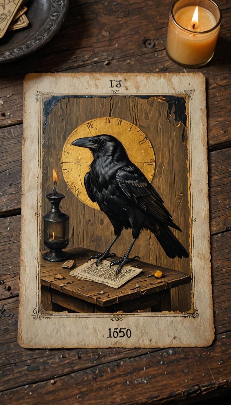A damaged tarotcard from 1650 on a table  with a drawing of a crow drawn by Jeroen Bosch