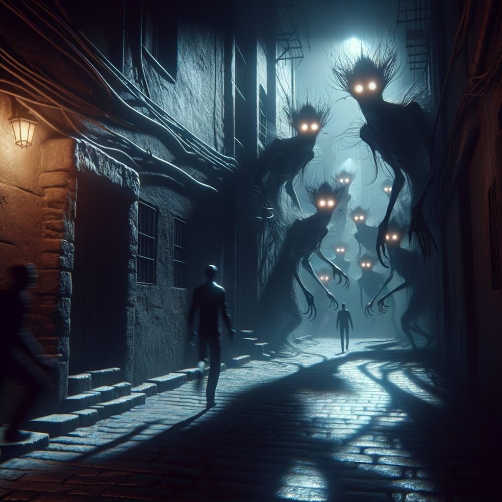 A dark alleyway with animated shadows moving. Each shadow depicts a surreal creature with glowing eyes. The scene exudes an eerie yet fascin...