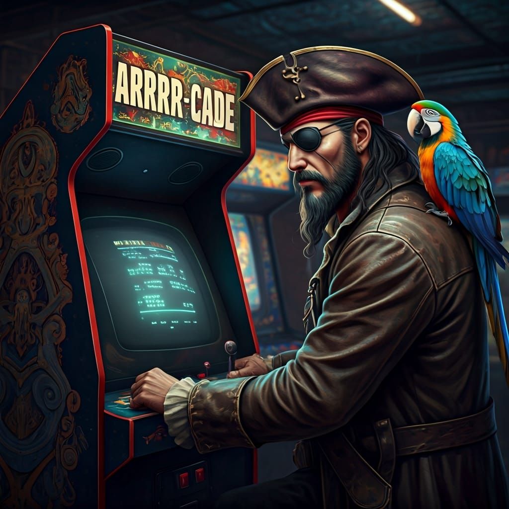 It's all fun and games until someone loses an eye on the "ARRR-CADE" Machine.  by @WhenPugsFly