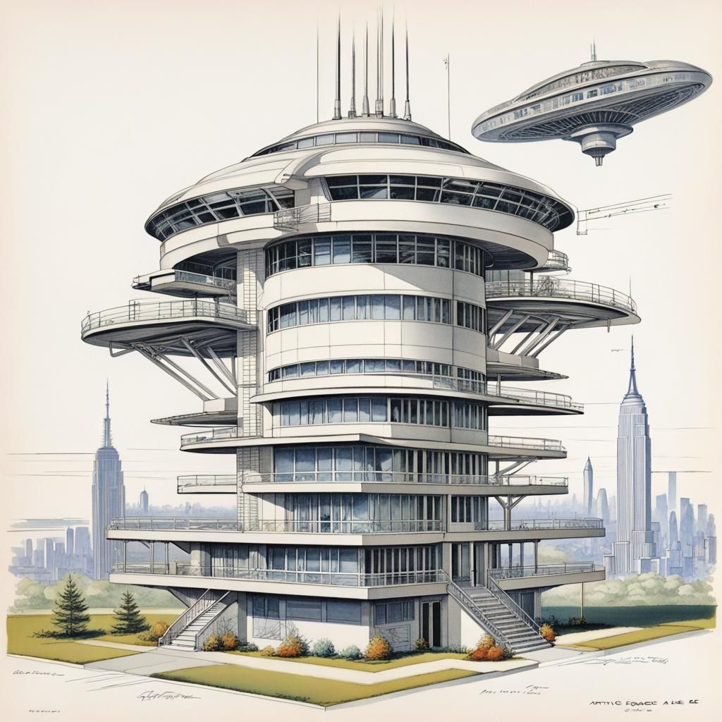 space age multi-level home, slender supports, residents (emp...
