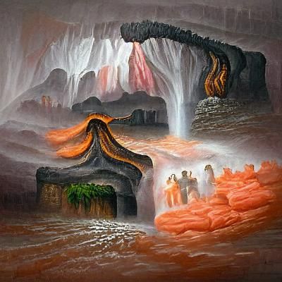 Biblical Painting of Foggy Cave World with lava waterfalls