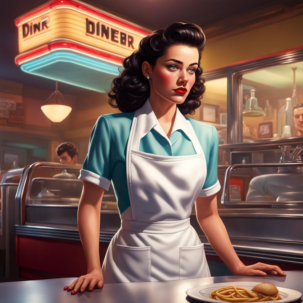 1950s diner waitress with dark curly hair and a pristine white apron ...