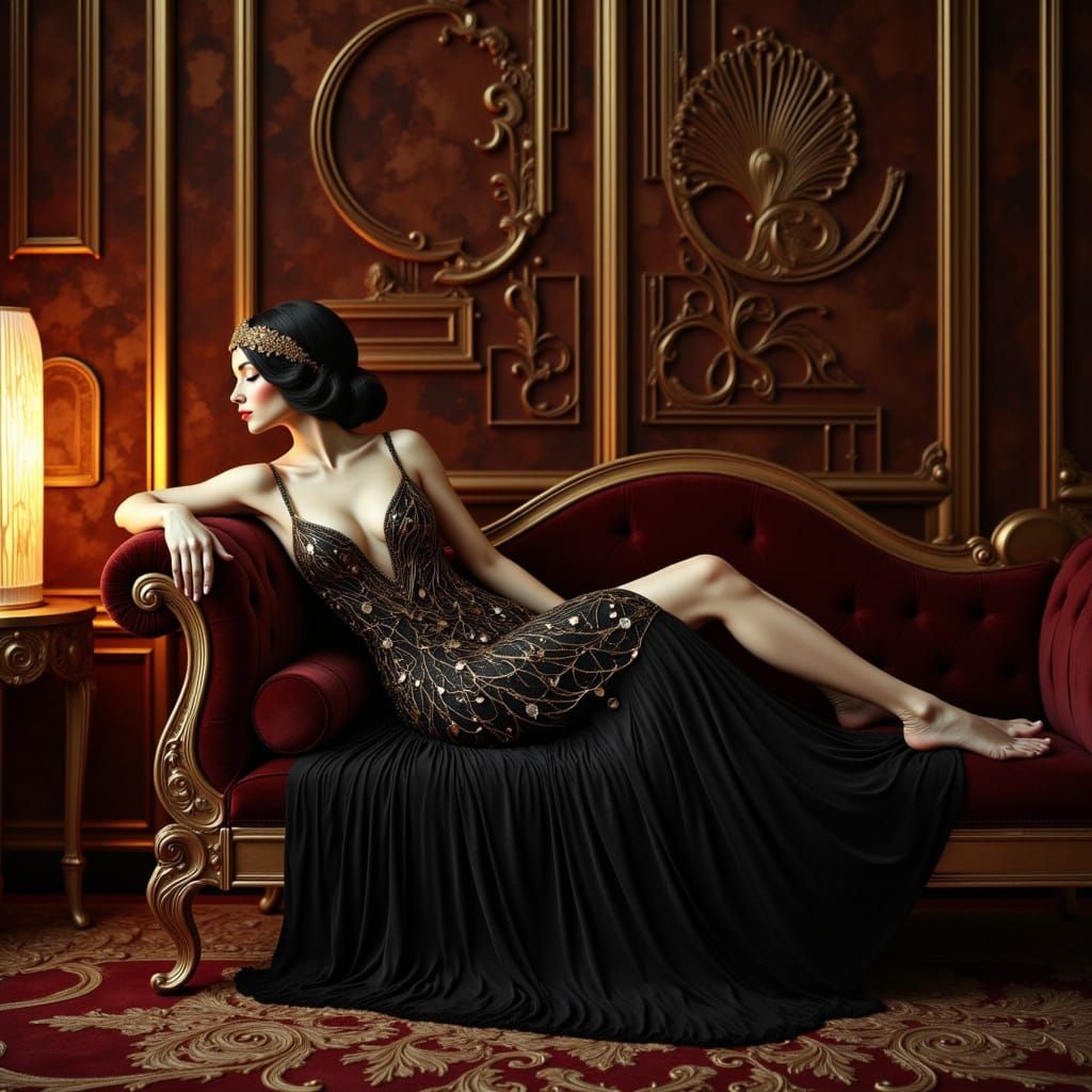 Parlour with 1920s flapper in black and gold, Art Deco style <lora:Earth and aura:1.0> 