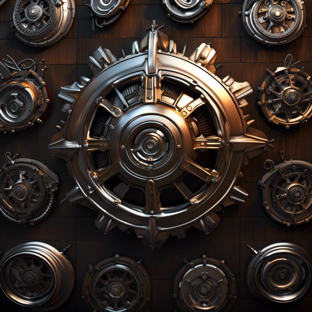 Hubcap wall art volumetric lighting Unreal Engine steampunk ...