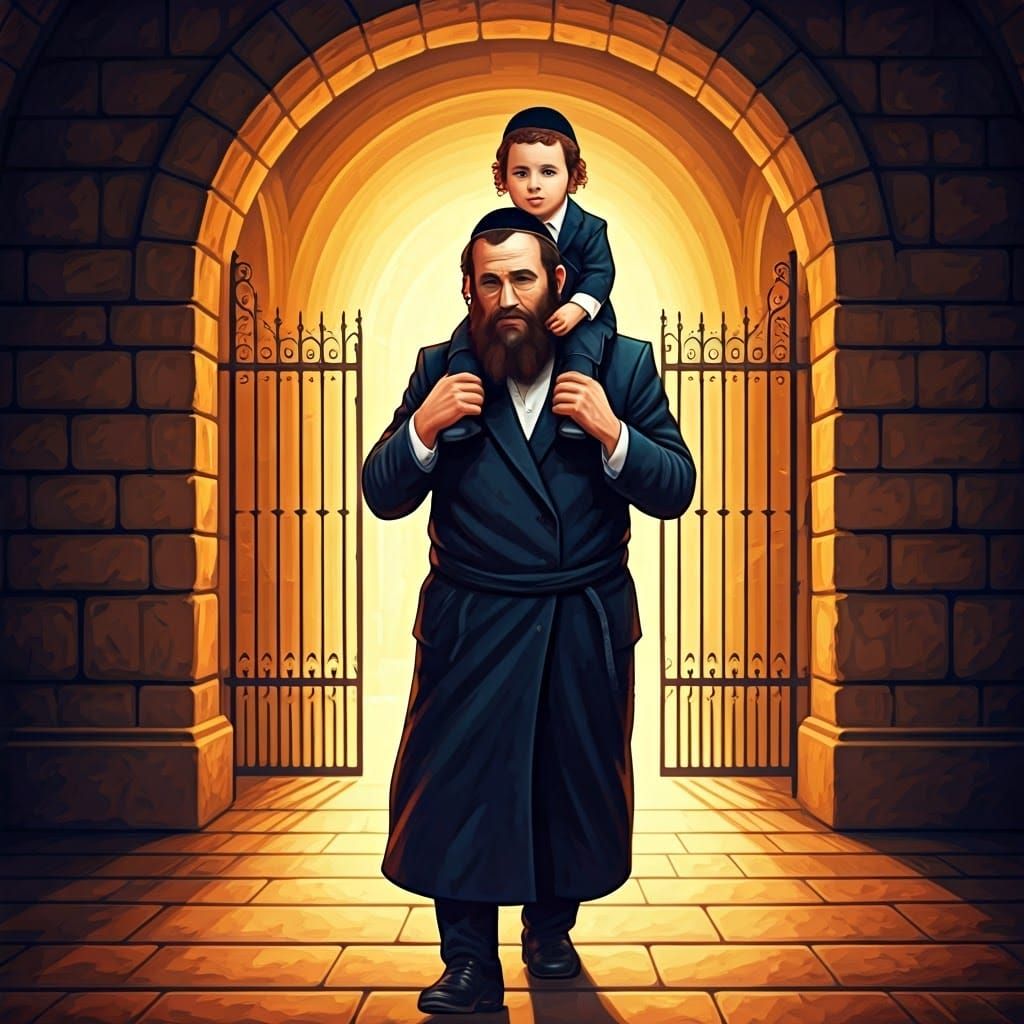 Hasidic Father and Child Portrait in Golden Light