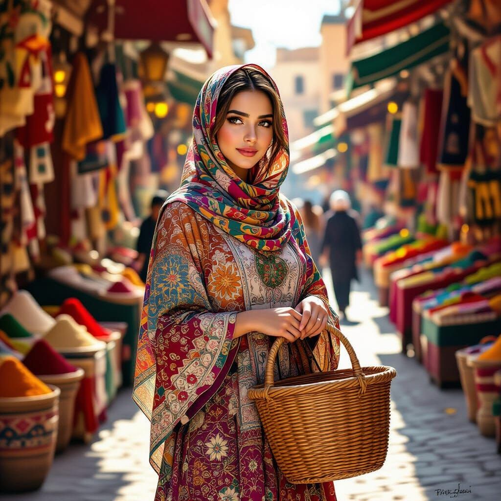 Woman in Vibrant Hijab in Moroccan Souk