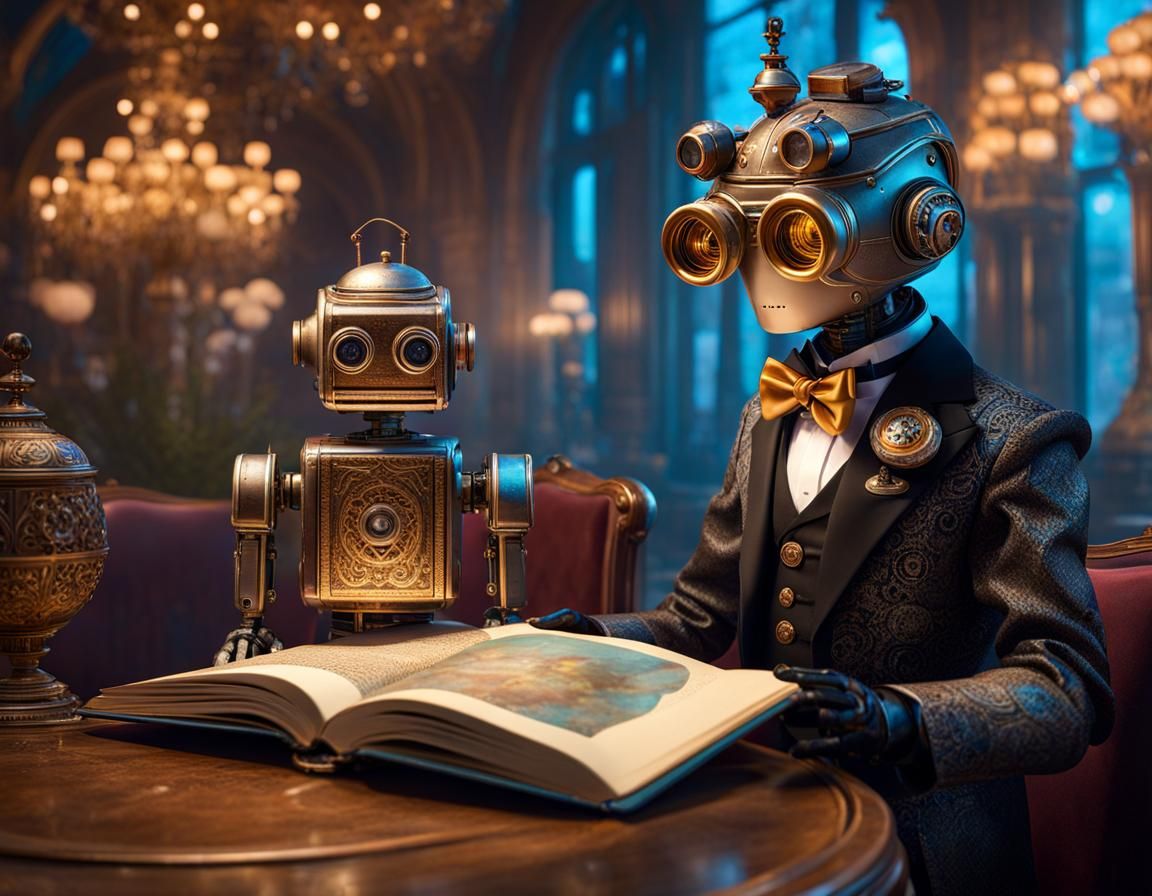 Whimsical futuristic Robot Automaton Butler dressed in steampunk tuxedo ...