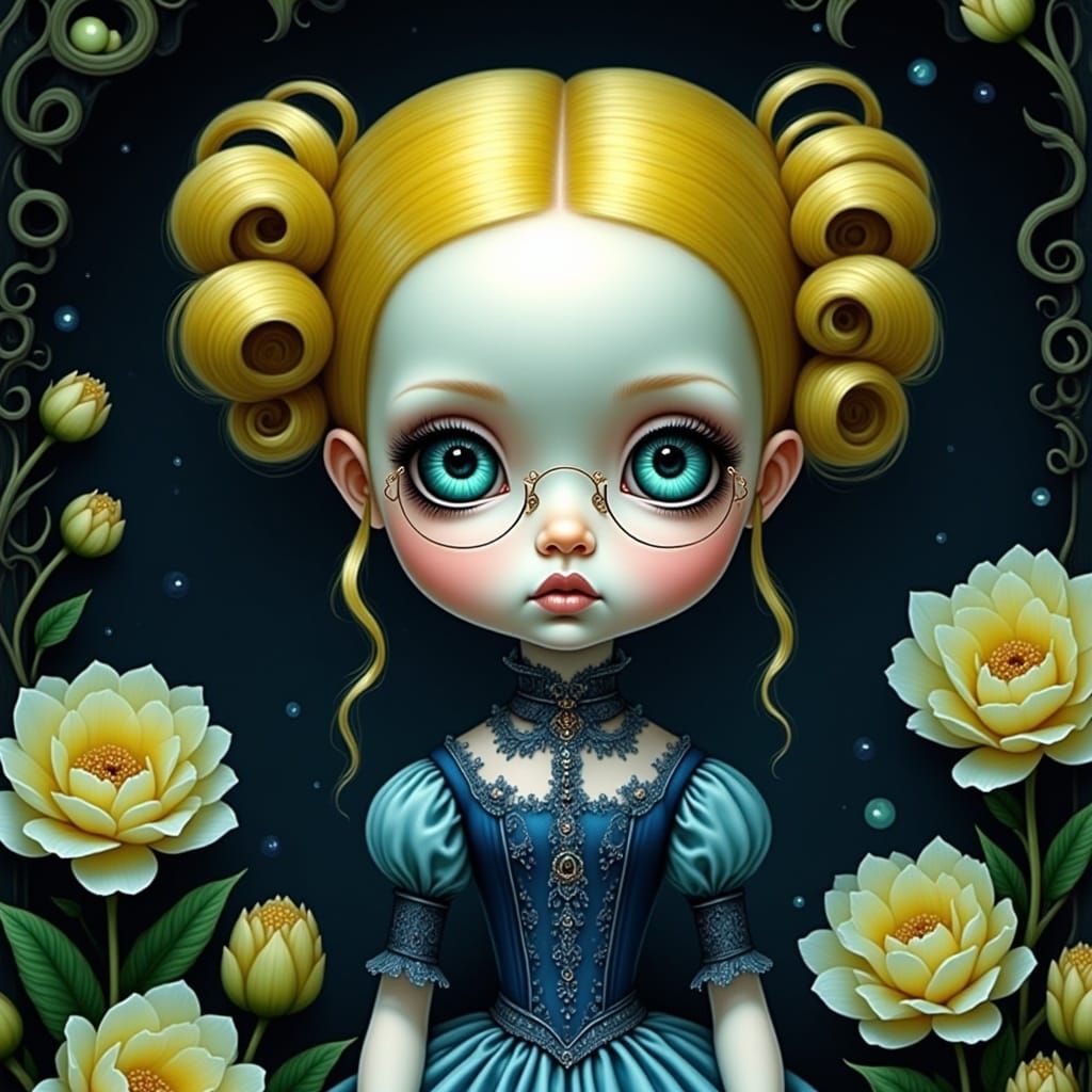 <lora:Big Eyes:1.0> Victorian girl with vibrant yellow hair styled in space buns, loose tendrils framing her face, large expressive big blue...