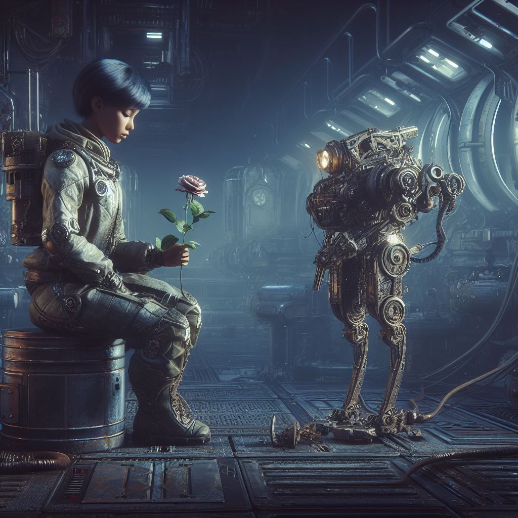 fragile last preserved flower cared by lonely tired scientist Robot , on a starship, space station