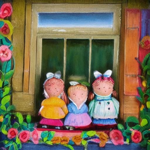 A set of four Rag Dolls that are wearing  boldly rainbow colored pattenered dresses.  The Rag Dolls have button eyes and brightly colored ra...