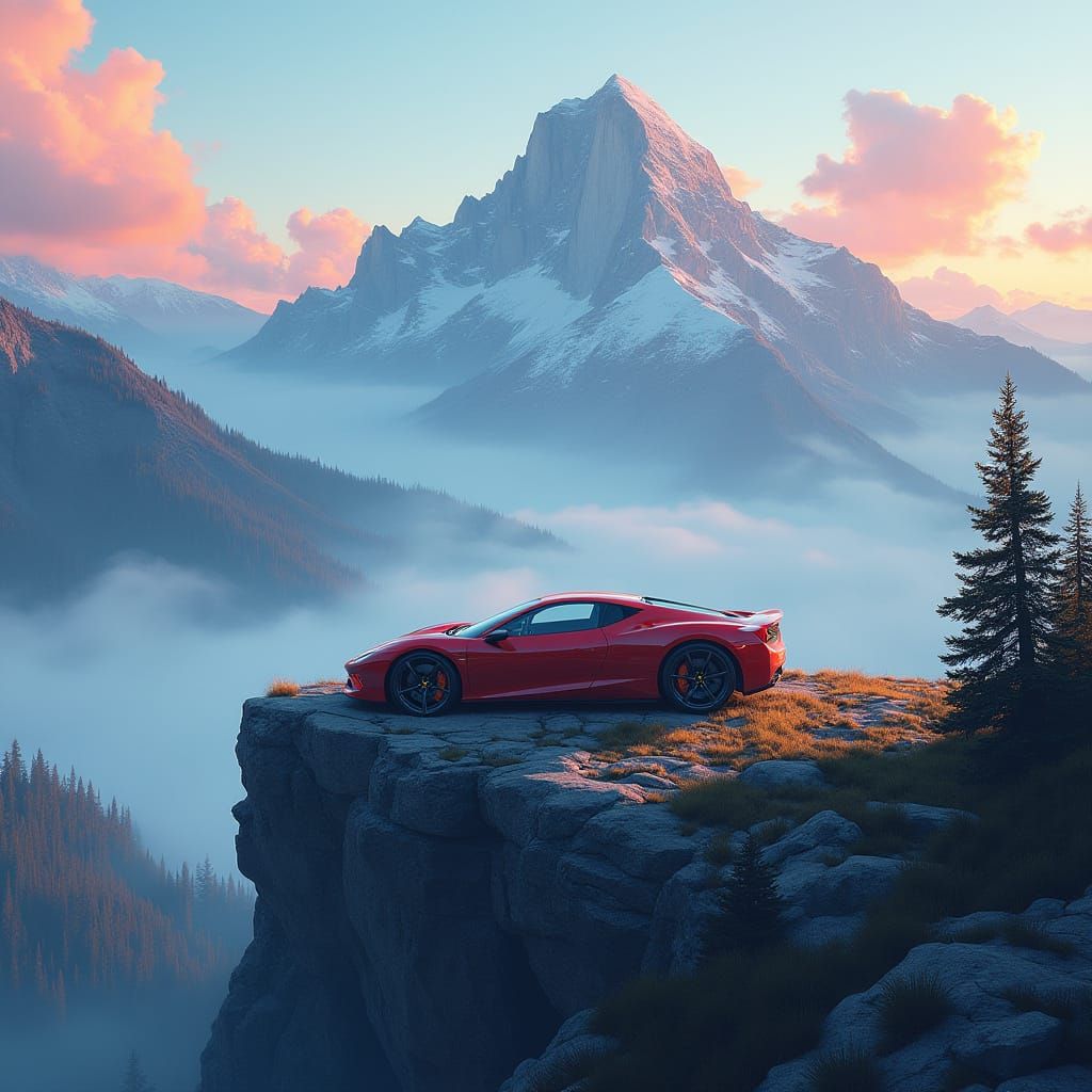 Sports Car on Misty Peak in Futuristic Style