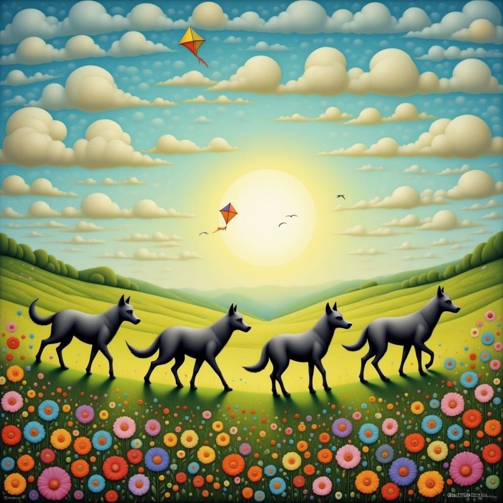 <lora:Flux Surreal ArtBrut:1.0> Breezy day wolves walking in a meadow, fluffy clouds, kite in the sky 
