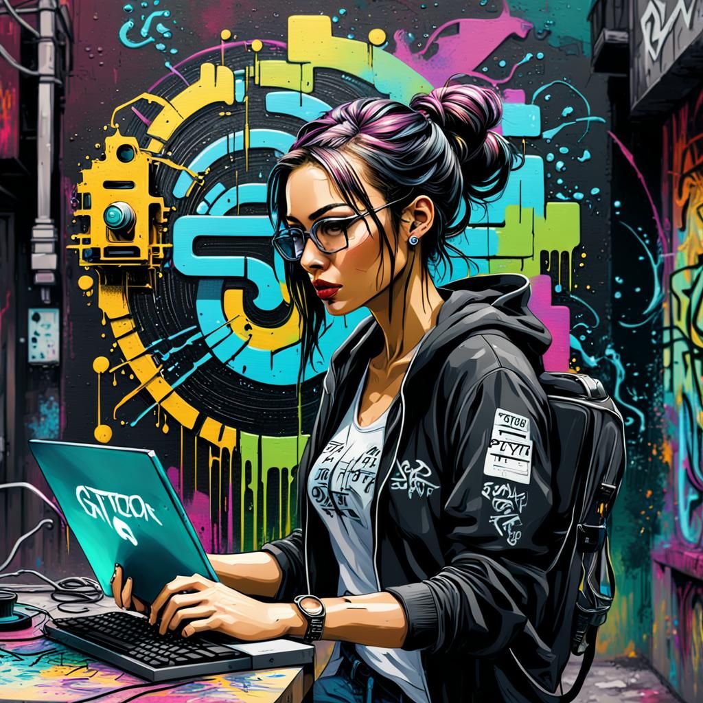 Programmer girl programming, som matrix sign and python code...