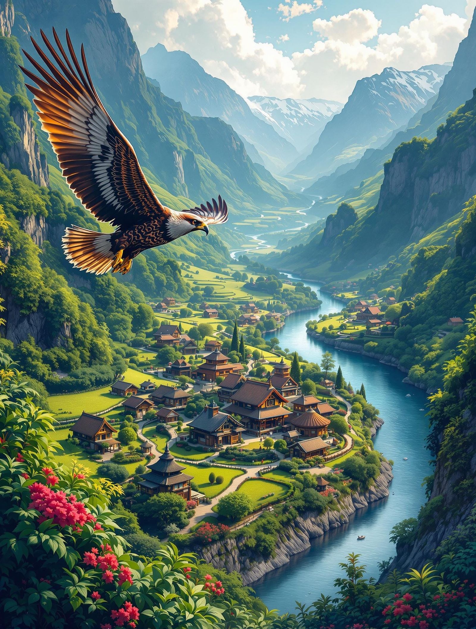 From a bird's eye view, A hawk flying high spot a winding river snakes through a lush, green valley, ...  by @Jo51eG