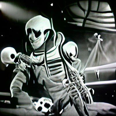 Scary skeleton astronaut in space film noir