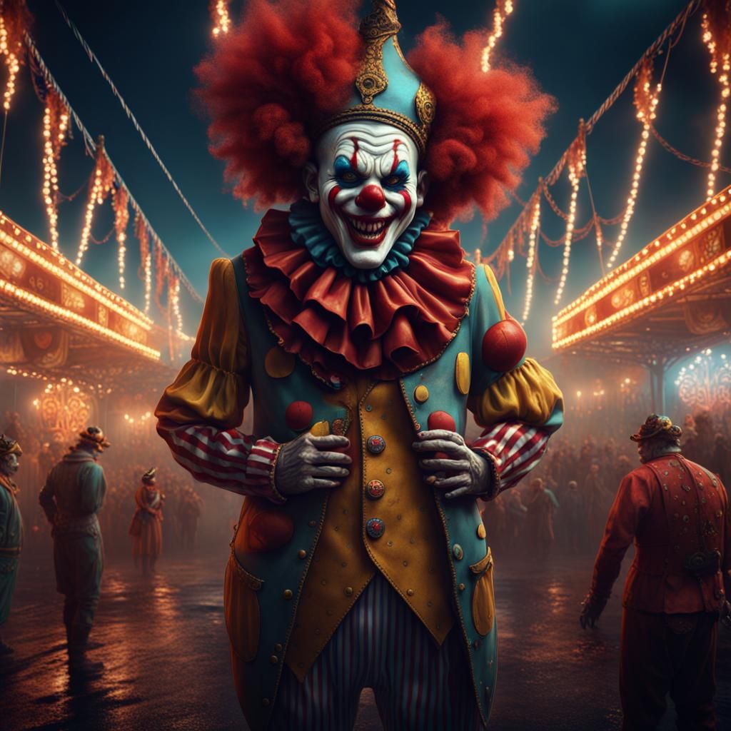 A carnival with scary clowns all staring at me