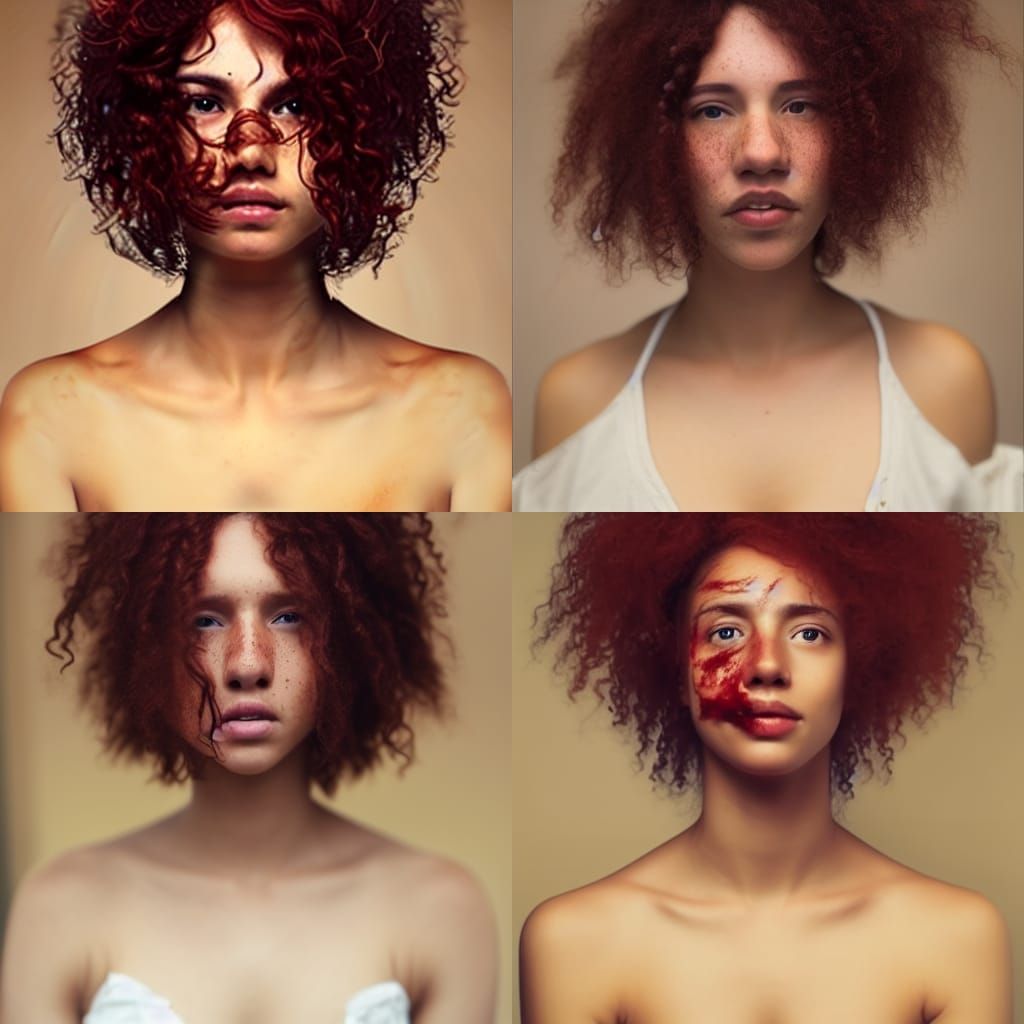 mixed race, female, curly red hair, freckles, long hair, brown eyes,  lightening scar - AI Generated Artwork - NightCafe Creator