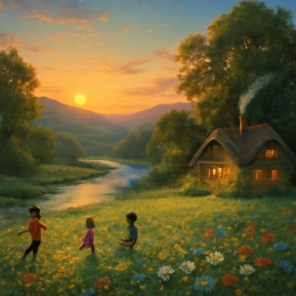 Imagine a serene landscape where verdant hills roll gently towards a crystalline river. The air is filled with the melodious symphony of bir...