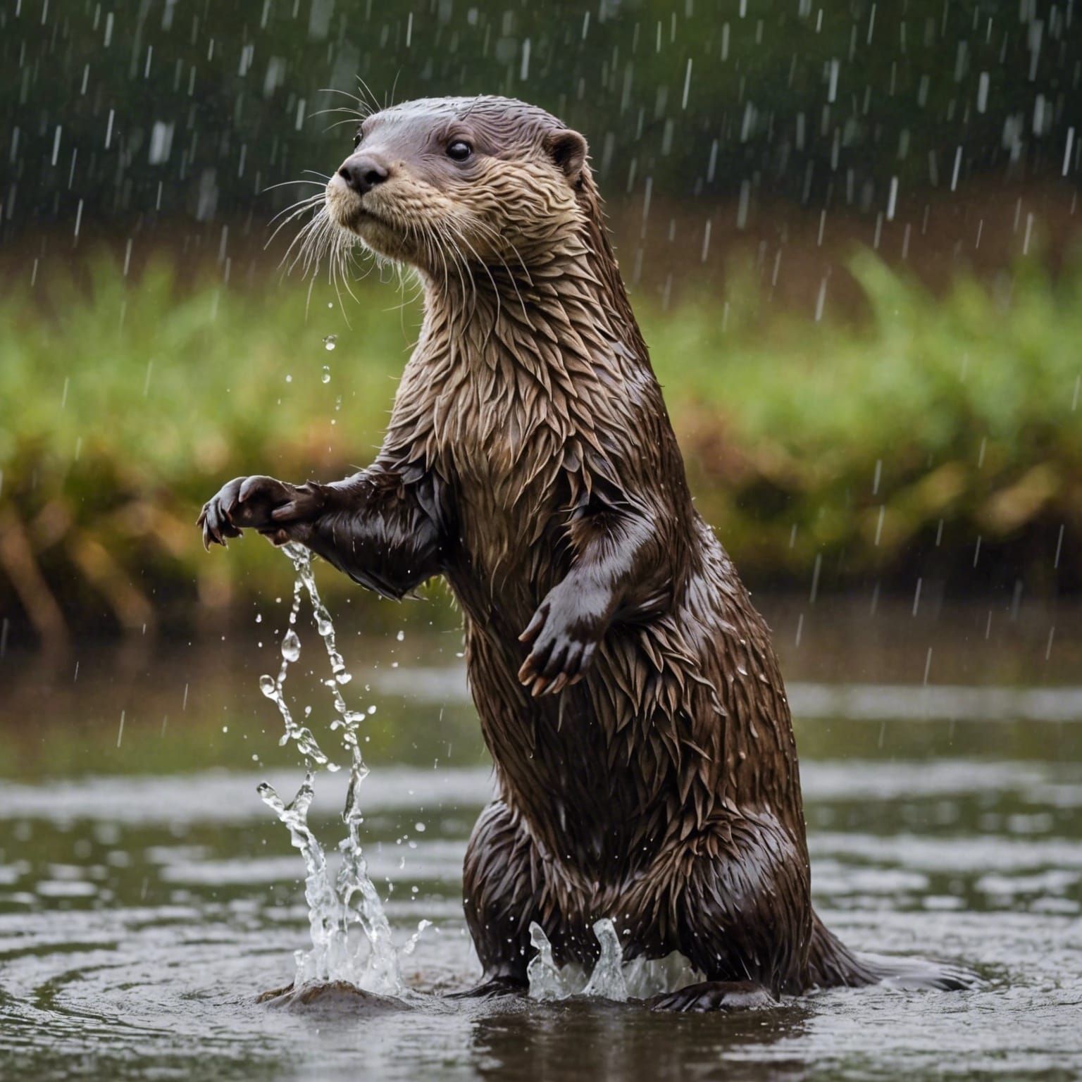 A sleek otter launches itself playfully into the downpour. T...