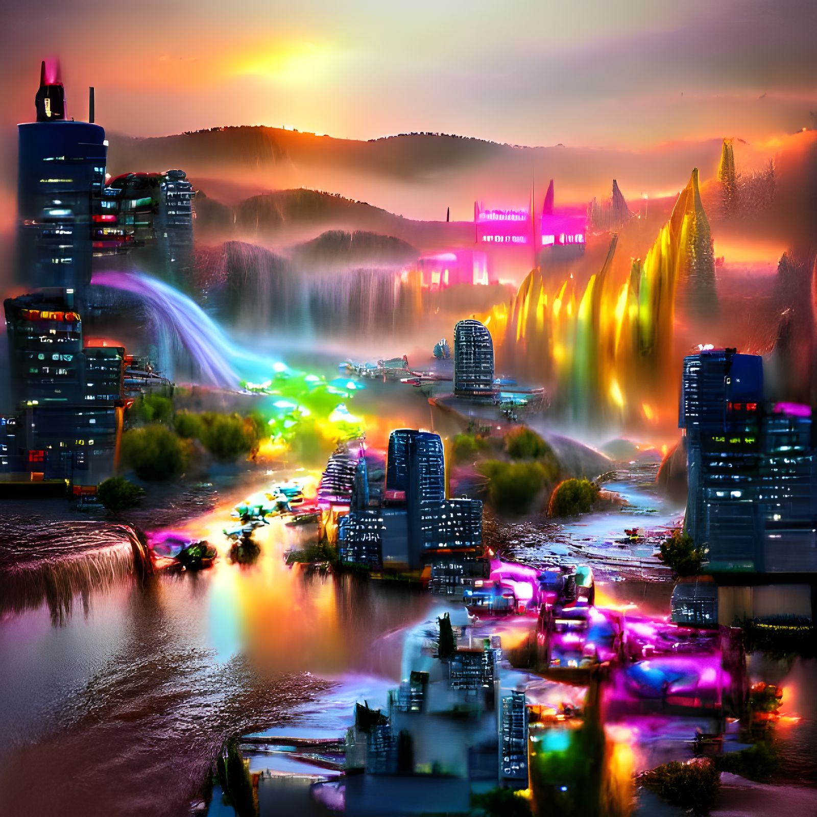 a golden cyberpunk city at sunset during fall filled with rainbow neon lights in a colorful dreamy rainbow nebula river and waterfall ambient occlusion