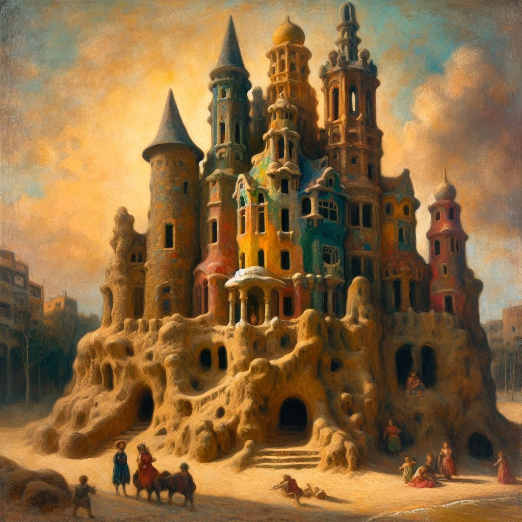 Gaudí-inspired sandcastle in a Rembrandt-inspired painting