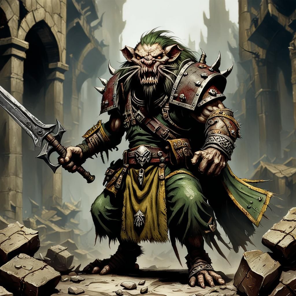 a Warhammer skaven leader, yellowed teeth, rough hairs, rags cloths